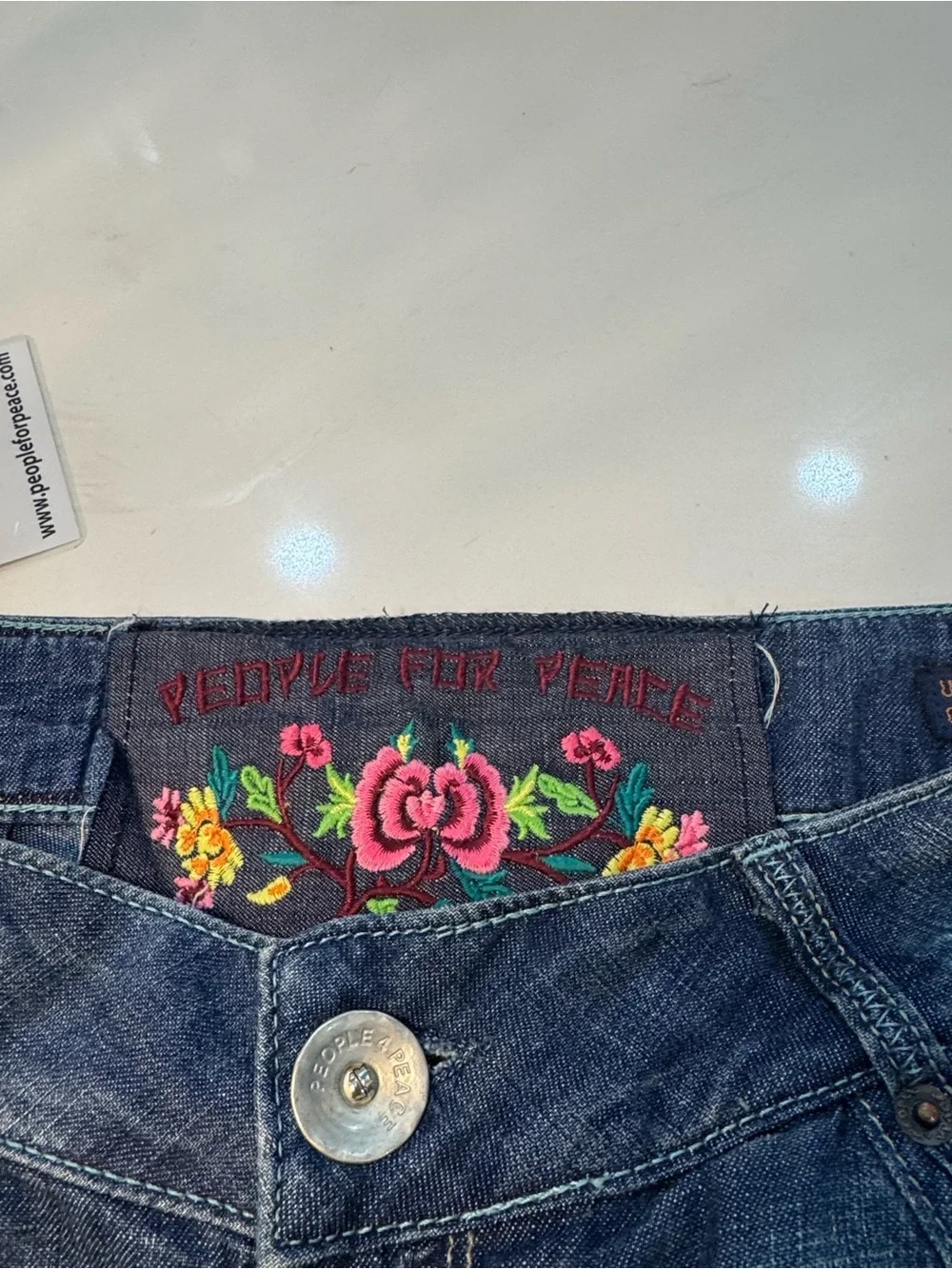 Embroidered Mid-Blue Cropped Cargo Jeans with Drawstring Cuffs